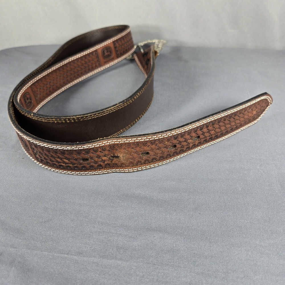 Vintage John Deere Mens 44 Belt Brown Leather Basketweave Tooled Western 90s - Picture 10 of 12